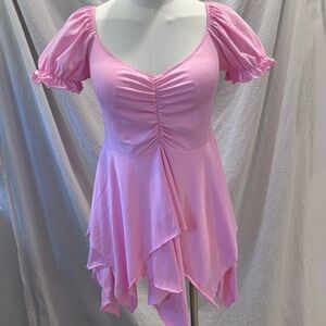 Dolls Kill Current Mood Chasin’ Rainbows Mini Dress Pink Puff Sleeve Large NWT